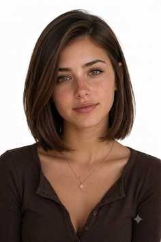 Woman with short brown hair and freckles wearing a brown top and gold necklace