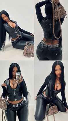 Woman with long black hair in a leather vest and pants with a leopard print bag