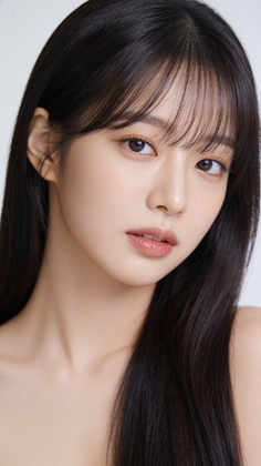 Woman with long black hair and bangs in a soft lighting portrait