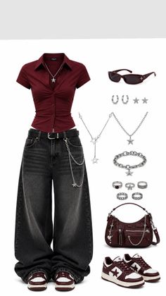 A full body flat lay of a dark red shirt, baggy jeans, and matching accessories