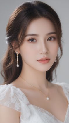 Woman with long brown hair wearing a white lace dress and pearl jewelry