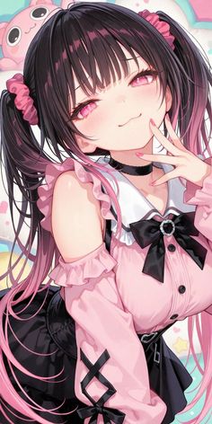 Anime girl with pink and black twin tails, wearing a pink dress and choker