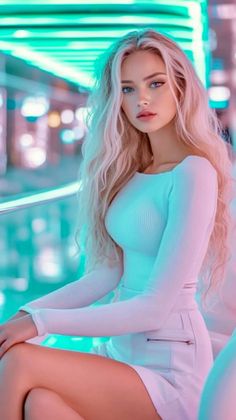 Woman with long blonde hair and blue eyes in a white top and skirt with neon lighting