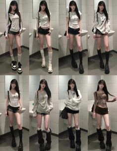 Multiple full body shots of a woman in various outfits in an indoor setting