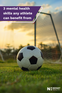 Soccer ball on a grass field with a goal in the background at sunset