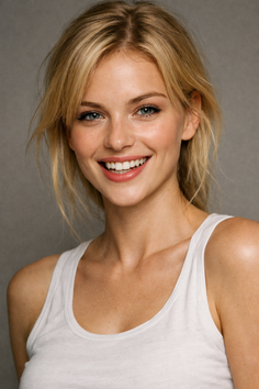 Blonde woman with blue eyes smiling in a white tank top