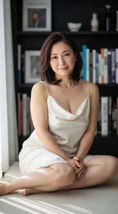 Woman in a white dress with cleavage sitting in front of a bookshelf