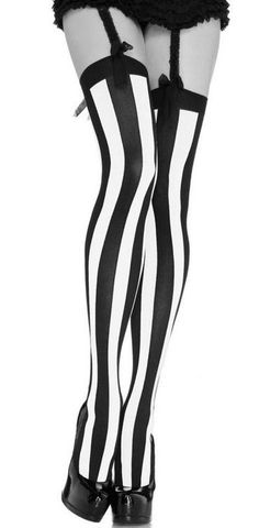 Person wearing striped stockings with a garter belt and high heels