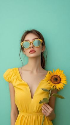 Woman in a yellow dress and sunglasses holding a sunflower against a teal background