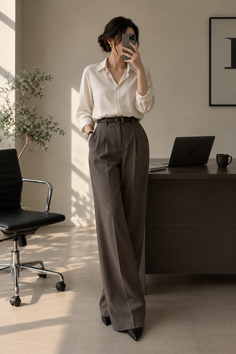 Woman in a white shirt and wide leg pants taking a mirror selfie in an office