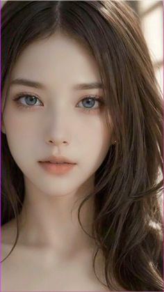 Woman with long brown hair and blue eyes in a soft lighting portrait