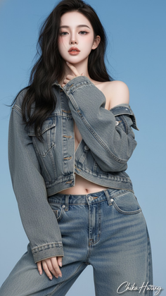 Woman with long black hair wearing a denim jacket and jeans against a blue background