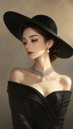 Woman in a black off-shoulder dress with a wide-brimmed hat and jewelry