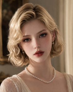 Woman with blonde hair and pearl jewelry in a lace dress