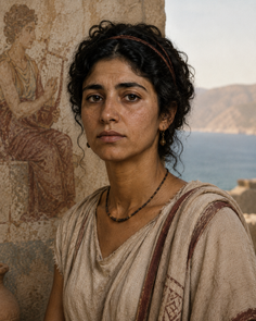 Woman with curly hair and ancient clothing standing outdoors by a mural and the sea