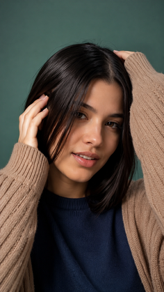 Woman with dark hair and brown eyes wearing a beige cardigan and navy blue sweater