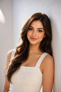 Woman with long brown hair wearing a white top, leaning against a wall