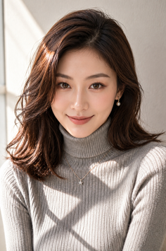 Woman with long brown hair wearing a gray turtleneck sweater and pearl earrings