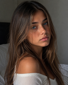 Woman with long brown hair and blue eyes wearing an off-shoulder top