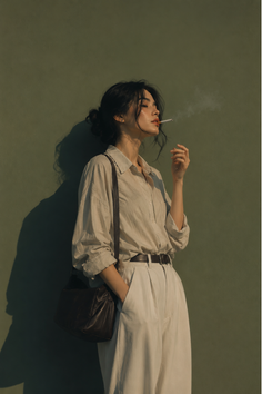 Woman in a loose shirt and wide leg pants smoking a cigarette at golden hour