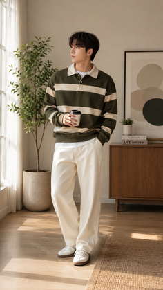 Man in a striped shirt and white pants holding a coffee cup indoors