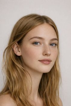 Close-up portrait of a young woman with blonde hair and freckles