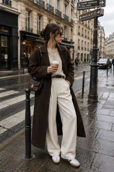 Woman in a brown coat and wide leg pants on a wet city street