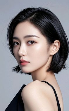 Woman with short black hair wearing a black top, looking over her shoulder