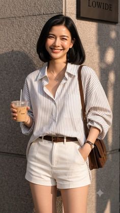 Woman with short black hair in a striped shirt and white shorts holding iced coffee
