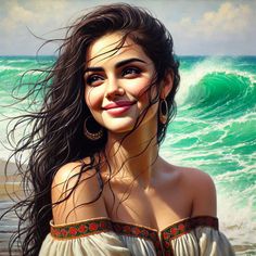 Smiling woman with long hair and an off-shoulder top on a beach with ocean waves
