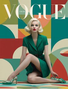Woman with blonde hair and red lipstick wearing a green dress against a geometric background