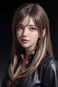 Realistic portrait of a woman with long hair wearing a black leather jacket