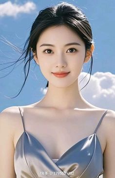 Woman with black hair in a spaghetti strap top against a blue sky with clouds