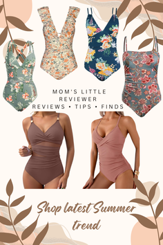 Collage of women modeling various one-piece swimsuits with floral prints