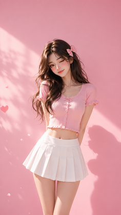 Anime style girl with long hair in a pink top and white pleated skirt winking
