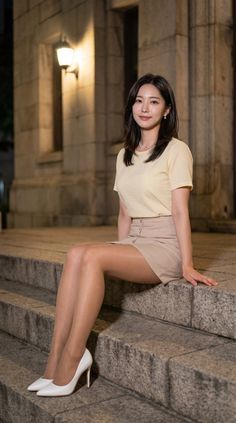 Woman with short hair and a mini skirt sitting on stone steps at night