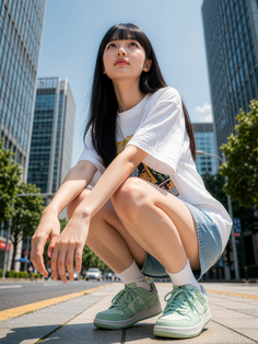 Woman with long black hair in a white t-shirt and denim shorts squatting outdoors