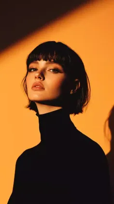 Woman with short black hair in a turtleneck with dramatic warm lighting