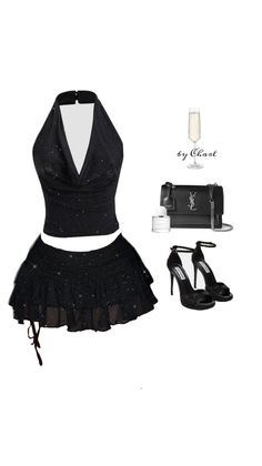 Black sparkly halter top and mini skirt with accessories on a white background