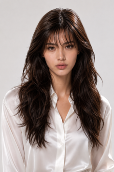 Woman with long dark hair wearing a white satin shirt in a studio setting