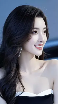 Woman with long black hair wearing a strapless dress and earrings, smiling