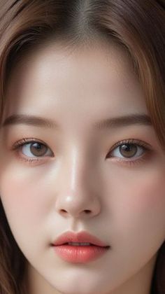 Close up portrait of a woman with brown hair and pink lips