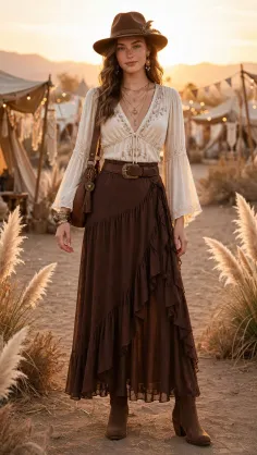 Woman in boho-style clothing with a hat and ruffle skirt at golden hour