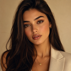 Woman with long dark hair wearing a light blazer and gold jewelry