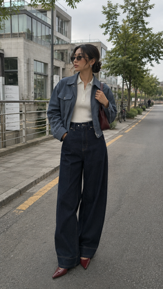 Woman in wide leg jeans and a blue jacket walking on a street