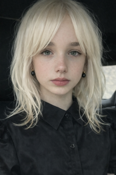 Young person with blonde hair and green eyes wearing a black shirt
