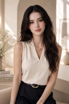 Woman with long wavy hair wearing a sleeveless top and black pants indoors