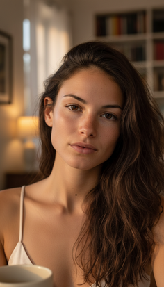Woman with long dark hair in soft indoor lighting