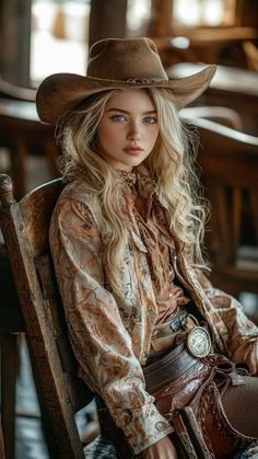 Blonde woman in a cowboy hat and western attire sitting indoors