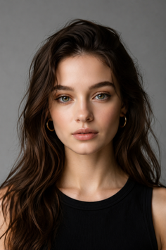 Woman with long brown hair and green eyes wearing a black top and gold earrings